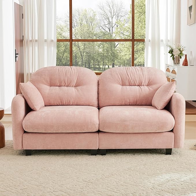 KEIKI 74" Oversized Chenille Modular Sectional Loveseat Sofa with High-Density Foam Cushions and Tufted Pleated Cushion Backrest, Upholstered 2-Seater Cloud Couch with 2 Pillow, for Living Room, Pink