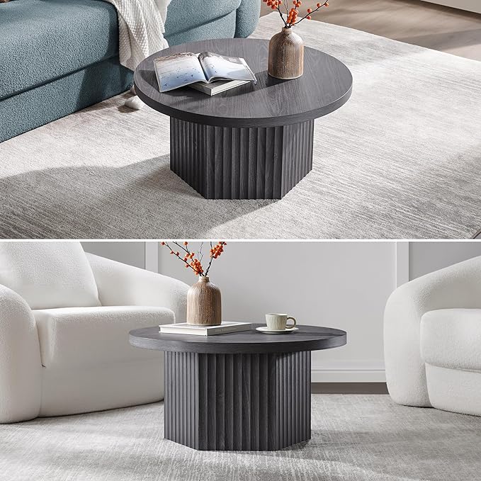SICOTAS Round Coffee Table for Living Room, Mid Century Modern Fluted Center Coffee Table with Storage, 32" Circle Accent Tea Dining Table for Apartment, Dark Grey Alder