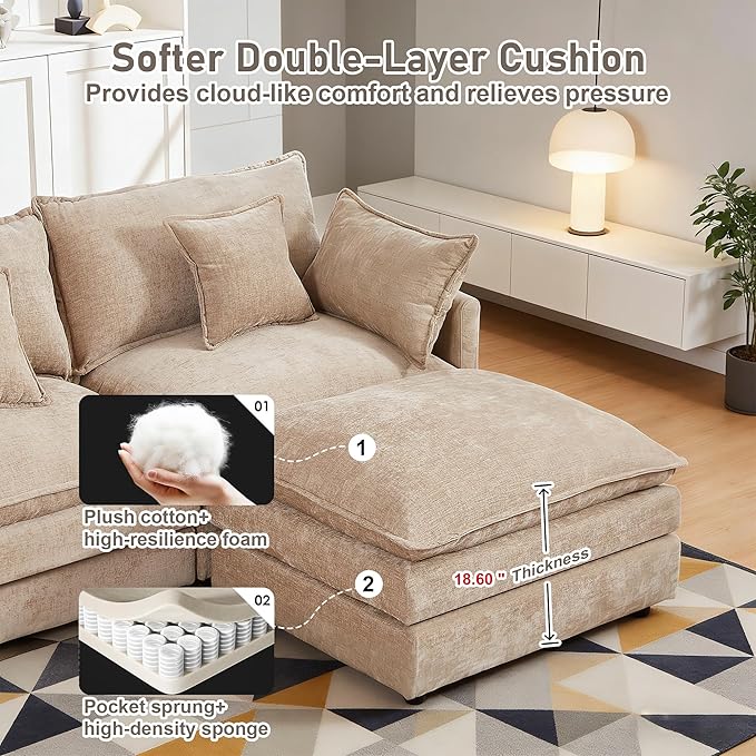 102" Cloud Couch Sectional, Modular Sectional Sofa with Chaise & 4 Removable Washable Pillows, Oversized L-Shaped Couch for Living Room, Modern 3-Seat Cloud Sofa Sectional with Deep Seat, Coffee