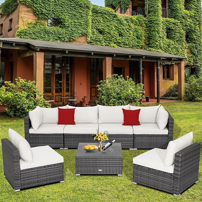 Tangkula 7 Piece Patio Wicker Furniture Set, Outdoor Rattan Sectional Sofa Set for 6 with Seat & Back Cushions, 2 Throw Pillows, Sofa Fastener Clips, for Backyard, Poolside, Deck and Garden (Navy)