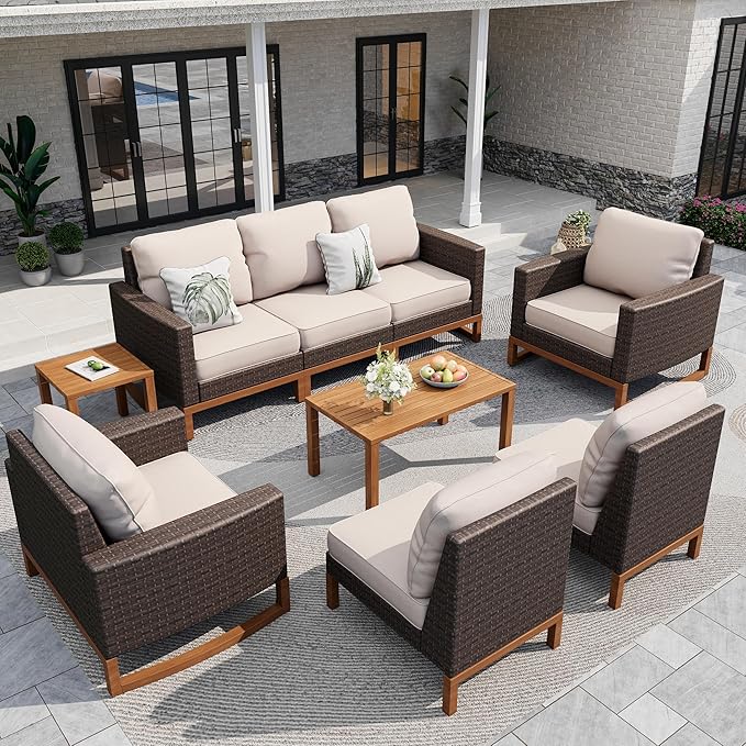 Sophia & William Large Patio Furniture Set, 8 Piece Luxury Rattan Outdoor Sectional Furniture Set, Patio Conversation Set with 3 Armless, 2 Corner Sofa, 2 Single Sofa, 2 Coffee Table(Beige)