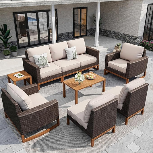 Sophia & William Large Patio Furniture Set, 8 Piece Luxury Rattan Outdoor Sectional Furniture Set, Patio Conversation Set with 3 Armless, 2 Corner Sofa, 2 Single Sofa, 2 Coffee Table(Beige)