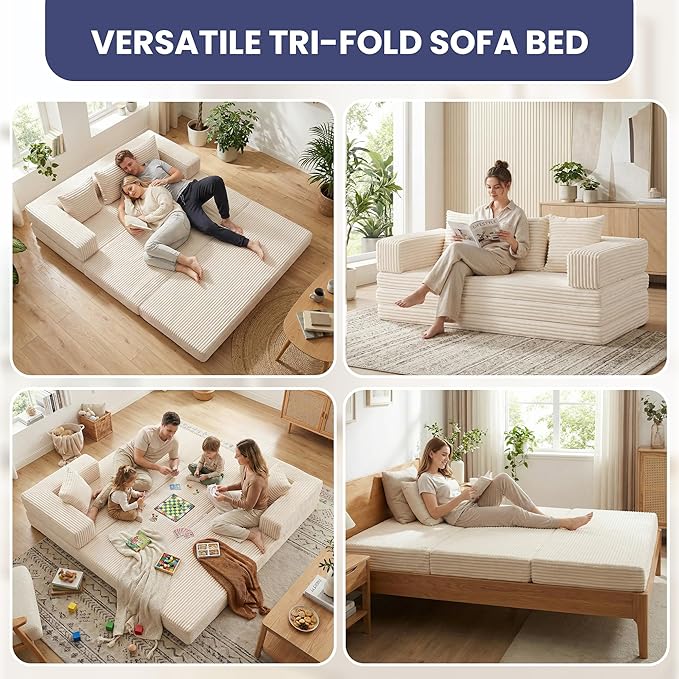 Convertible Sofa Bed Couch, 78’’ Oversized 4-in-1 Boneless Couches with Removable Armrests Backrest, Corduroy Futon Sofa Bed, Foldable Mattress Sleeper Sofa for Living Room Bedroom (Beige)
