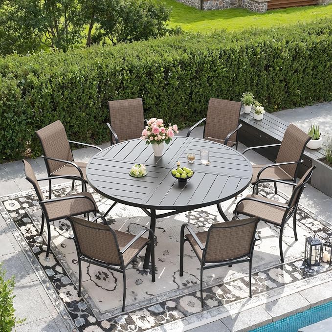 DIFY 9 Pieces Outdoor Patio Dining Set for 8, 53.1" Black Round Metal Dining Table and 8 Brown Stackable Textilene Patio Chairs, Outdoor Table and Chairs for Backyard Garden Poolside by DIFY