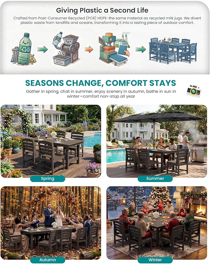 SERWALL Patio Dining Sets for 6 Person, HDPE Dining Set with 6 Armless Chairs, Coffee - Image 8
