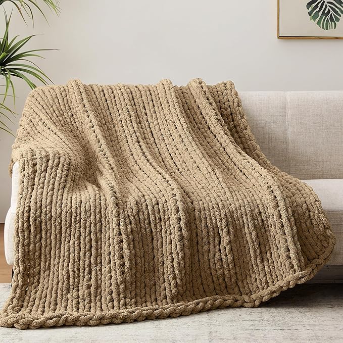 Negwoo Chunky Knit Throw Blanket, 30''*40'' Knitted Throw Chenille Yarn for Bed Couch, Handmade Light Brown Crochet Big Thick Blanket, Machine Washable Cute Comfy Blanket for Home Decor