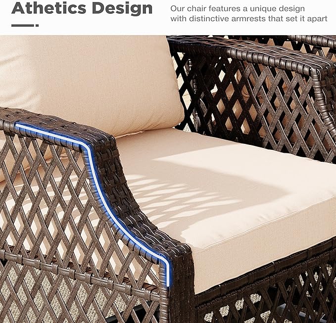 HOMREST 3 Piece Outdoor Swivel Chair Set, Wicker Patio Bistro Set with Thickened 25D Cushions and Glass Coffee Table, Patio Furniture Conversation Set for Deck, Yard, Garden, Poolside(Khaki)