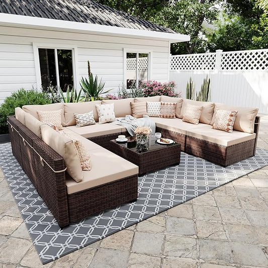 UPHA 9 Pieces Patio Furniture Sets, Wicker Outdoor Sectional Sofa Couch with Coffee Table, Patio Conversation Set for Deck Backyard Garden, Brown Rattan, Beige Cushion