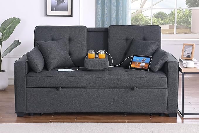 ERYE 70-Inch Loveseat Sleeper Pull Out Sleeper Couch Bed and Drop-Down Cupholders, 3 in 1 Convertible Sleeper Sofa Bed Oversized Tufted Lounge Daybed with Reclining Backrest | Cup Holder, USB-C Charging Ports