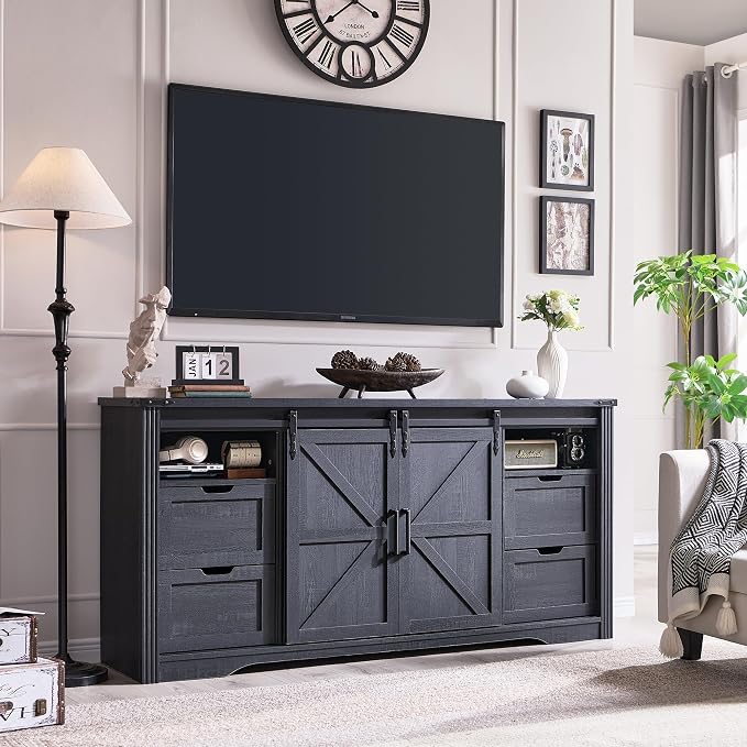 JXQTLINGMU Farmhouse TV Stand for 75+ Inch TV, 32" Tall Entertainment Center w/4 Drawers & Sliding Barn Door, Rustic Media Console w/Storage Shelves, 66" Wood Television Stand for Living Room, Black by JXQLINGMUFurniture