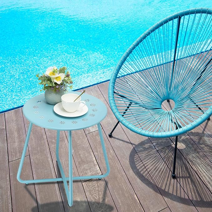 danpinera Outdoor Side Tables with Flower Cut Outs, Weather Resistant Steel Patio Side Table, Small Round Outdoor End Table Metal Side Table for Patio Yard Balcony Garden Blue - Image 2