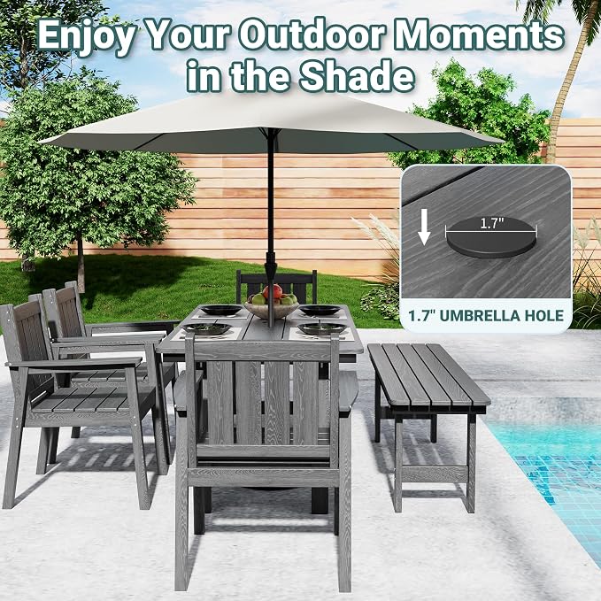 Pamapic 6 PCS Outdoor Dining Set, Spacious HDPE Outdoor Table with 4 Chairs and 1 Bench, Wood Grain Patio Furniture Sets with Elegant Armrest, All-Weather Patio Dining Table with Umbrella Hole, Gray - Image 2