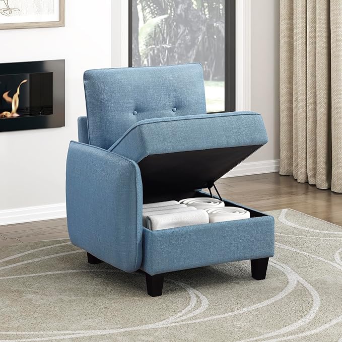 Lexicon Modern Modular One Arm Side Chair with Hidden Storage, Textured Fabric Chair with Button-Tufted Design, Reversible Back Cushion for Living Room/Bedroom/Office, Blue