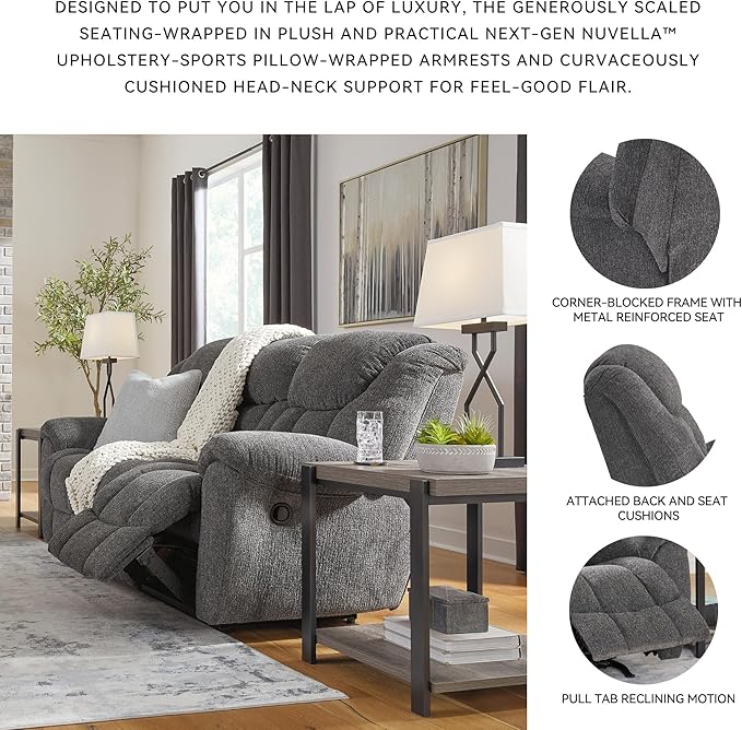 Signature Design by Ashley Foreside Contemporary Stain Resistant Manual Reclining Sofa, Gray