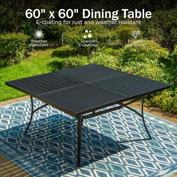 PHI VILLA 9 Pieces Outdoor Dining Set for 8, 60" Square Metal Table with Umbrella Hole & Wrought Iron Swivel Chairs, All Weather Outside Furniture with Blue Cushions & Pillows for Patio, Deck, Porch - Image 8