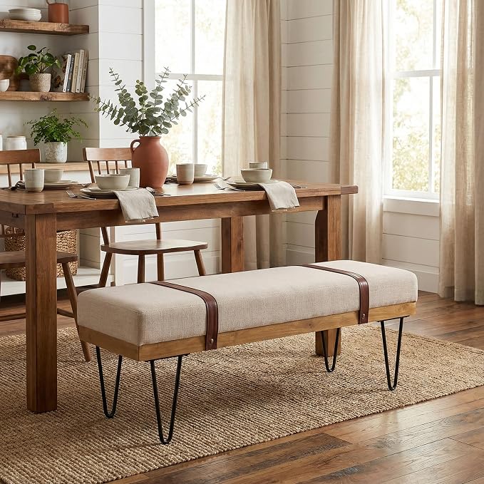 LukeAlon 44" Upholstered Storage Bench, Modern Linen Ottoman with Straps & Metal Hairpin Legs, Industrial Entryway Bench for Bedroom End of Bed, Living Room, Dining Room, Beige by LukeAlon
