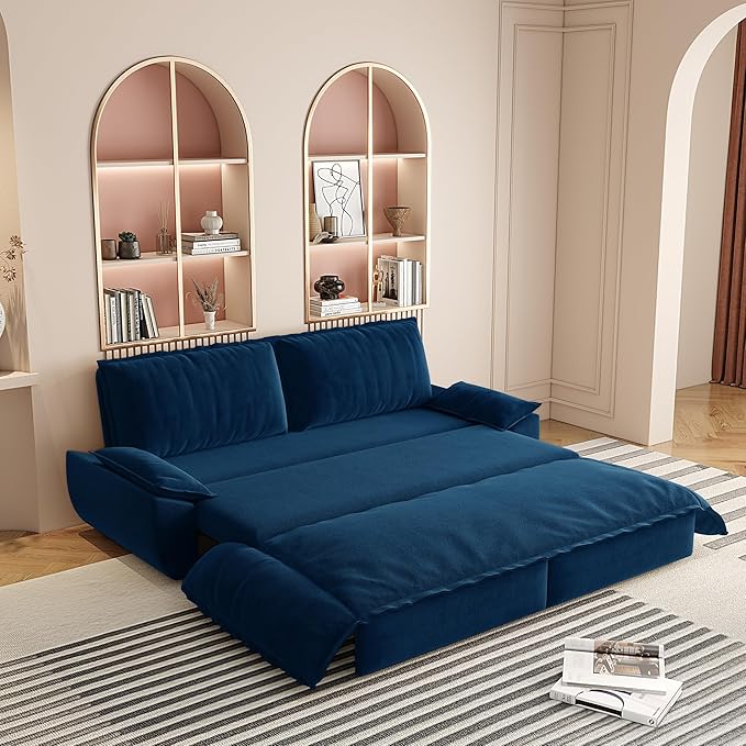 73.2" Queen Size Pull Out Sofa Bed, 3-in-1 Convertible Sleeper, Velvet Loveseat for Living Room, Apartment, Bedroom Small Spaces, Blue (Mattress & Bedding Not Included)