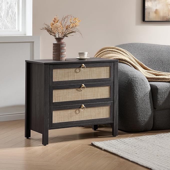 SICOTAS Night Stand with Drawers, Large Rattan Bedside Table with Golden Handle, 3 Drawers Nightstand Tall End Table Side Table Boho Nightstand for Bedroom by SICOTAS