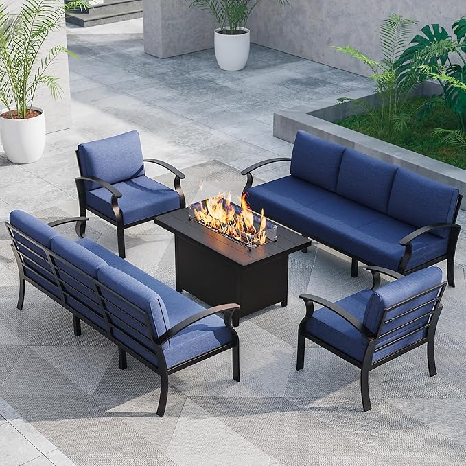 ALAULM Aluminum Patio Furniture Set with Propane Fire Pit Table 8-seat Metal Outdoor Furniture w/Fire Pit Patio Conversation Set w/5.1" Cushions for Patio, Backyard, Poolside-Dark Blue