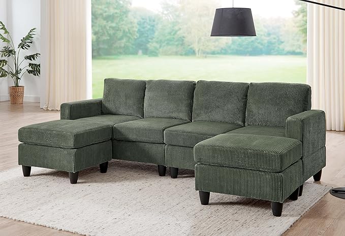 Ball & Cast 101" Convertible U Shaped Couch with Ottoman, Corduroy 4 Seater Modular Sectional Sofa, Corner Sectional Couches for Living Room,Office, Green