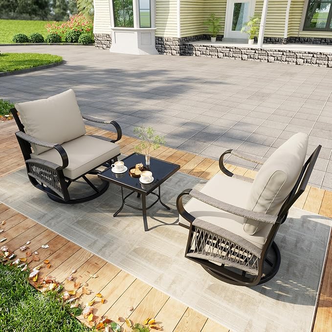 Patio Conversation Sets, 3 Pieces Outdoor Bistro Sets with 360° Swivel Gliders & Side Table, Waterproof Rocking Chairs Furniture Set for Porch Balcony Backyard, Beige