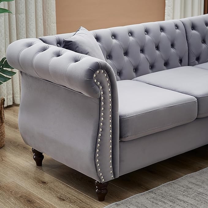 KEIKI 83.5" Chesterfield Corner Sofa, Retro Upholstered L-Shaped Couch with Rolled Arm, 5 Seater Velvet Sofas for Living Room Bedroom Office Apartment, Gray