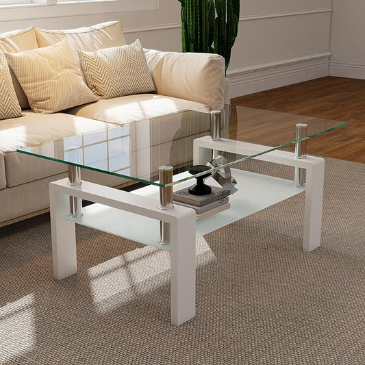 IANIYA Glass Coffee Table, Living Room Rectangle Coffee Table with Tempered Glass & Metal Tube, 2 Layers of Storage Space Modern Tea Table Side Table for Waiting Room Small Space
