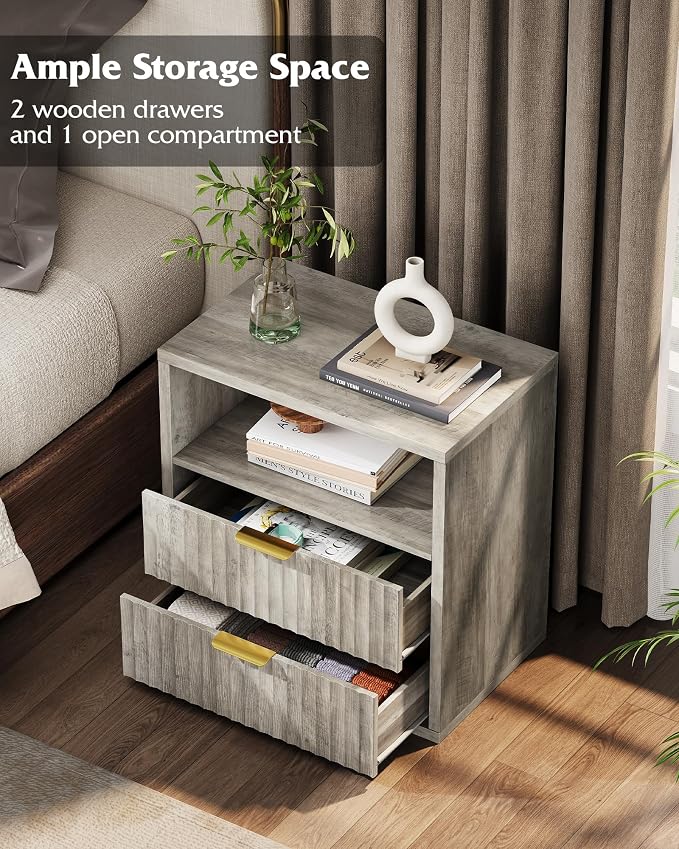 WLIVE Fluted Night Stand, Wood Nightstands with 2 Storage Drawers and Open Shelf, Mid Century Modern Bed Side Tables for Bedroom, Dorm, Greige - Image 4