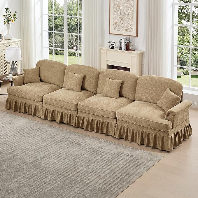 KEIKI Mid Century Modular Sofa with Flared Arms and Skirted Design, 137“ Oversized 4-Seater Luxury Chenille Sectional Couches for Living Room, Big Soft Couch Bedroom Furniture, Light Coffee