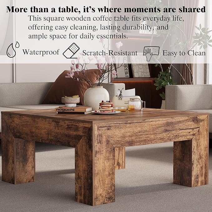 LUMTOK Wooden Square Coffee Table,35.5 inch Farmhouse Low Cocktail with Thick Base for Living Room (Rustic Brown)