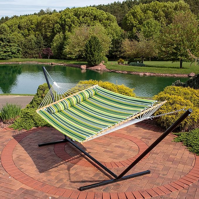 Sunnydaze Quilted Double Hammock for Outside with Spreader Bars and Pillow - 450 lb Capacity, 74x55 Inch Bed, UV Resistant, Quick Dry - Chains Included, Stand Sold Separately - Melon Stripe - Image 9