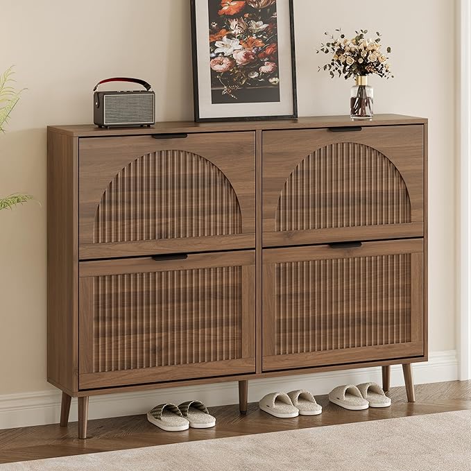 BORNOON Shoe Cabinet for Entryway with 4 Flip Drawers, Slim Wooden Shoe Storage Organizer with Modern Fluted Pannel，Freestanding Narrow Hidden Shoe Rack for Hallway, Foyer, Living Room by BORNOON