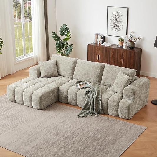 108 Inch Oversized Cloud Modular Sectional Sofa with Left Facing Chaise, L Shaped Floor Lounge Couch, Comfy Tufted Chenille Boneless Sofa with Deep Seat,No Assembly Required for Living Room Office