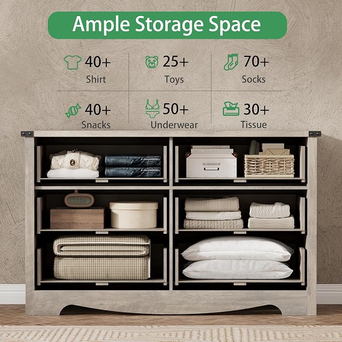 Dresser for Bedroom with 6 Drawers, 48" Wide Wood Chest of Drawers with Deep Drawers & Mental Handle, Modern Dresser TV Stand, Wooden Closet Storage Organizer for Living Room, Hallway, Entryway, Grey - Image 4