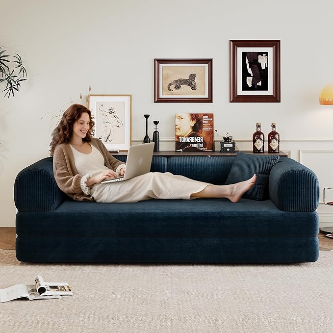 Ball & Cast 78" Convertible Floor Sofa Bed – 4-in-1 Modular Corduroy Sleeper with Fixed-Shape Support, No Assembly, Boneless Folding Couch with Armrests & Pillows – for Living Room, Apartments, Blue