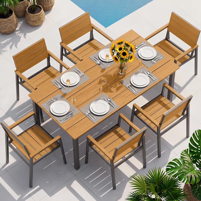 Outdoor Dining Set, Patio Table and Chairs Set with Umbrella Hole, 7 Pieces HDPS + Aluminum Patio Dining Furniture Set for Backyard, Garden (Gray & Teak) - Image 8