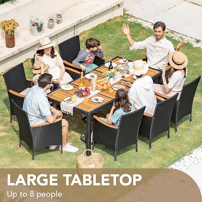Devoko Outdoor Patio Dining Sets 9 Pieces Wicker Outdoor Dining Table and Chairs Set with Acacia Wood Table Top and Widened Armrests for Backyard, Garden, Deck (Black) - Image 2
