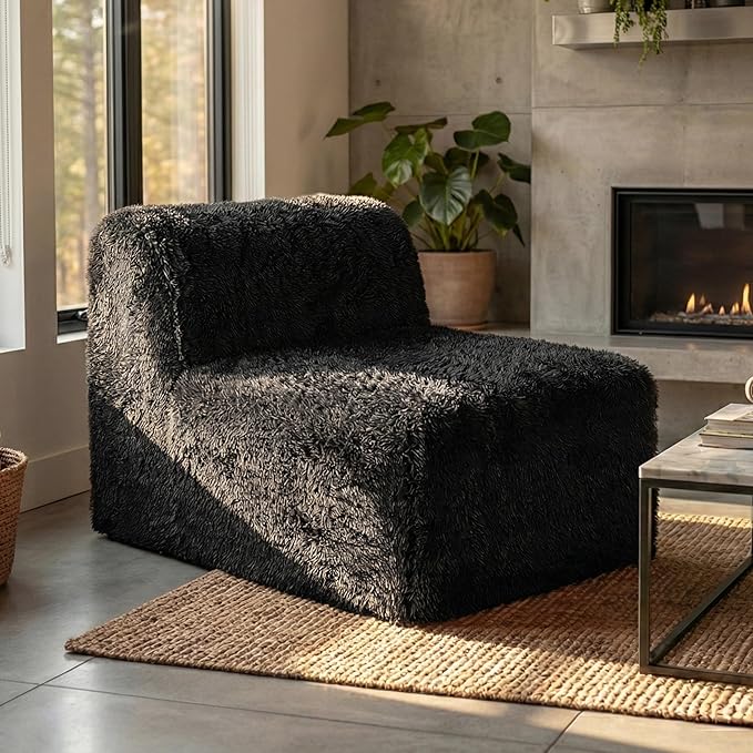 Furniture of America Havyn Modern Faux Fur 1-Seater Modular Armless Foam Sofa Chair with Deep Seat, Compressed Couch in a Box, No Assembly Required, for Living Room and Office, Black
