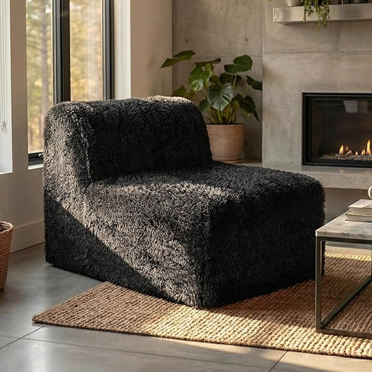 Furniture of America Havyn Modern Faux Fur 1-Seater Modular Armless Foam Sofa Chair with Deep Seat, Compressed Couch in a Box, No Assembly Required, for Living Room and Office, Black