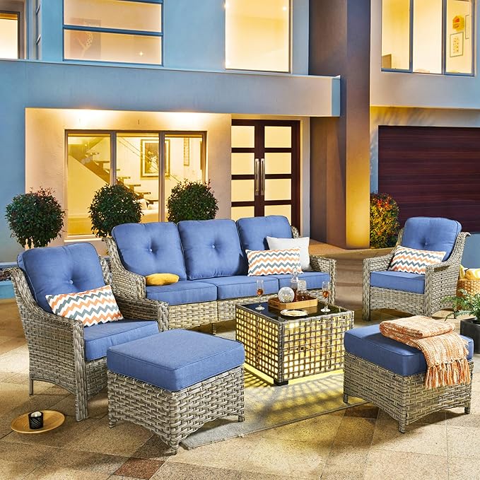 HOOOWOOO 6 Piece Patio Furniture Conversation Sets with Sola Light Table,Outdoor Wicker Furniture with Ottoman, All Weather Resistant Outside High Back Rattan Patio Set(Diamond Blue)