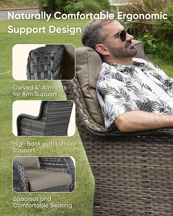 HUMMUH 5 Piece Outdoor Patio Furniture Set Wicker Conversation Bistro Set Swivel Rocking Chairs with Side Table and Ottomans for Backyard, Porch, Balcony