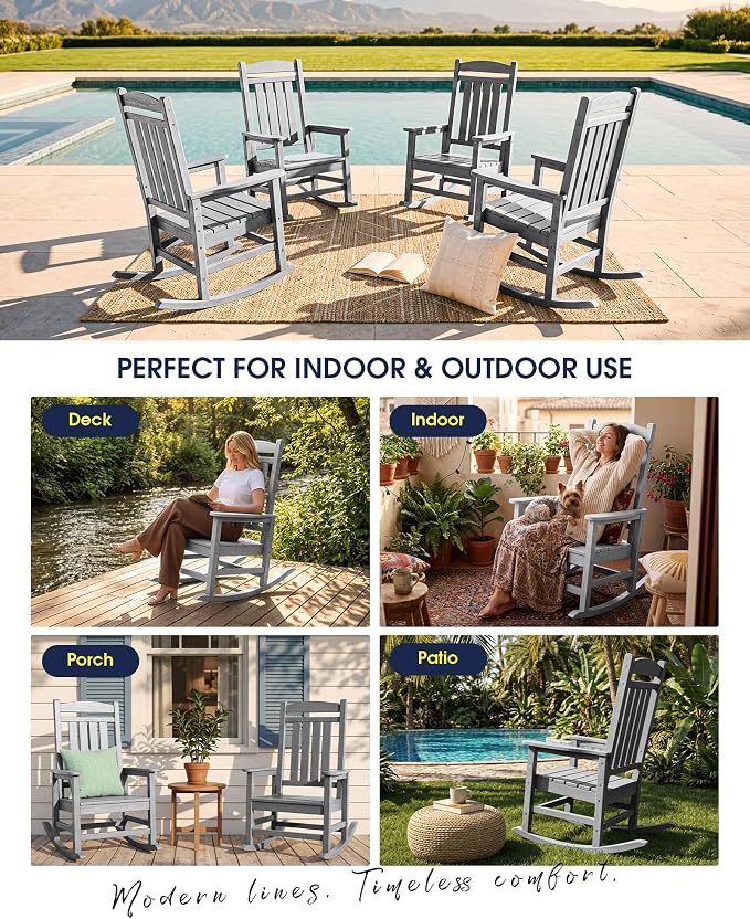 KINGYES Oversized HDPE Outdoor Rocking Chair Set of 4, All-Weather Patio Rocking Chair, Weather Resistant Porch Rocker for Adults, Light Gray - Image 9