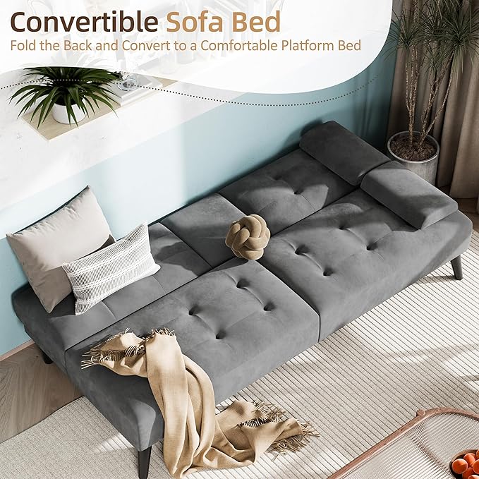Shintenchi Futon Sofa Bed, Velvet Foldable Couch, Reclining Sleeper with Removable Armrests, Upholstered Loveseat Sofa Couch with Folding Cup Holders for Home, Office, Dark Gray