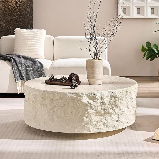 Round Coffee Table for Living Room Circle Coffee Table Modern Drum Center Table for Apartment, No Need Assembly (Fiberglass 35.43'' Cement Stone Pattern) | for Living Room, Modern, for Apartment, No Need Assembly