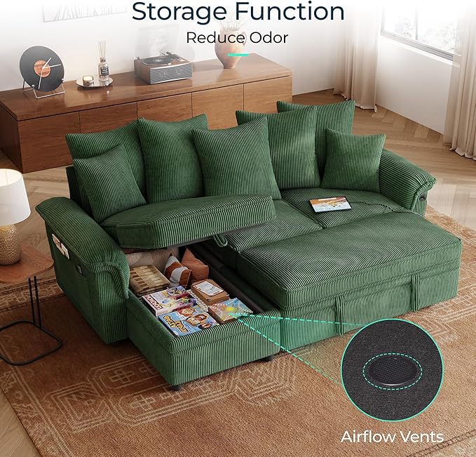 LINSY HOME 90.5'' Sectional Sleeper Sofa with Pull Out Couch Bed Modular (Green, 90.5'') | USB Charging, Pillow-style Armrest, Multiple Cushions, Storage Chaise, Corduroy Fabric