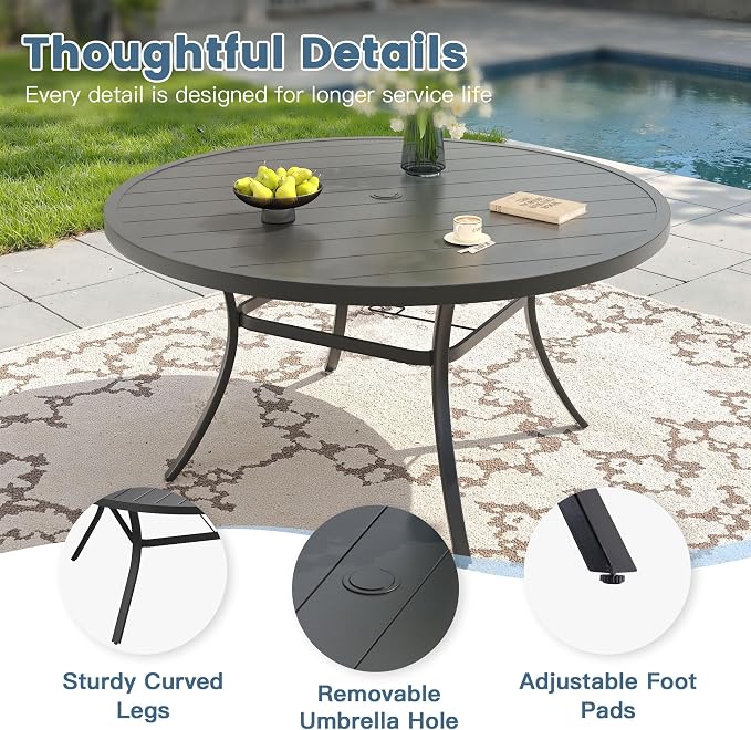 DIFY 11 Pieces Outdoor Patio Dining Set for 10, 60" Black Round Metal Dining Table and 10 Brown Stackable Sling Dining Chairs, Outdoor Table and Chairs for Lawn Garden Backyard Deck - Image 2