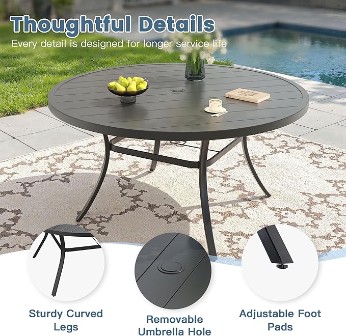 DIFY Outdoor Dining Set for 8, Patio Dining Furniture Set Includes 53" Black Round Table with Adjustable Umbrella Hole and 8 Blue Stackable Metal Chairs for Poolside, Garden, Backyard - Image 2