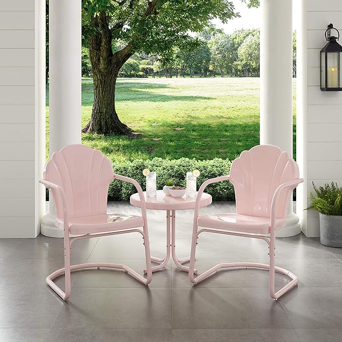 Crosley Furniture Tulip 3-Piece Outdoor Chair and Side Table Set, Retro Metal Patio Conversation Sets, Pink