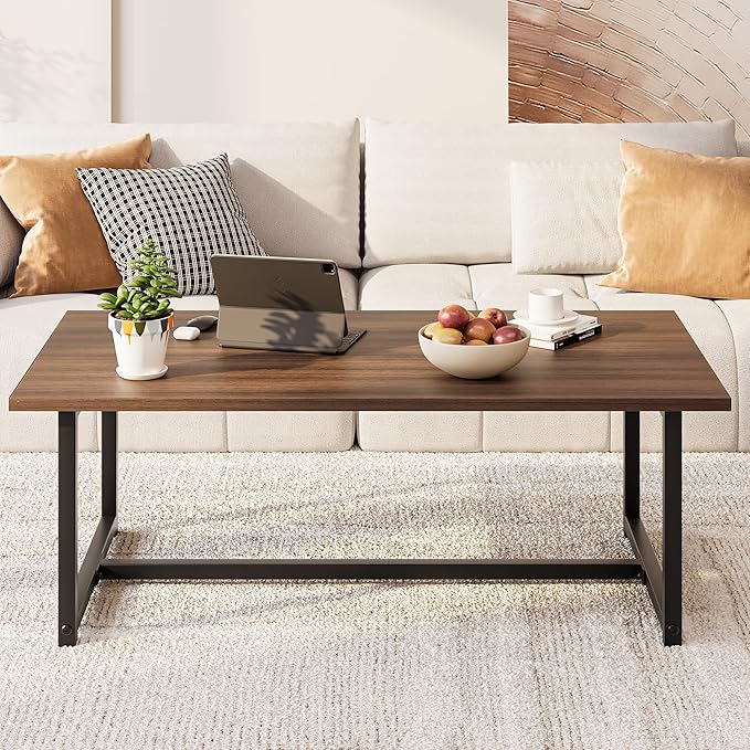 35.4" Rectangular Coffee Table for Living Room, Modern Industrial Style Coffee Table Center Table with Metal Frame for Small Space, Apartment, Office, Easy Assembly, Walnut