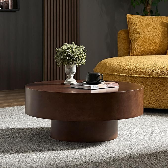 Round Coffee Table for Living Room,31.49" Faux Burl Wood Pattern Center Table with Sturdy Pedestal, Rustic Round Wood Coffee Table for Small Space Apartment Office,Easy Assembly (Walnut)